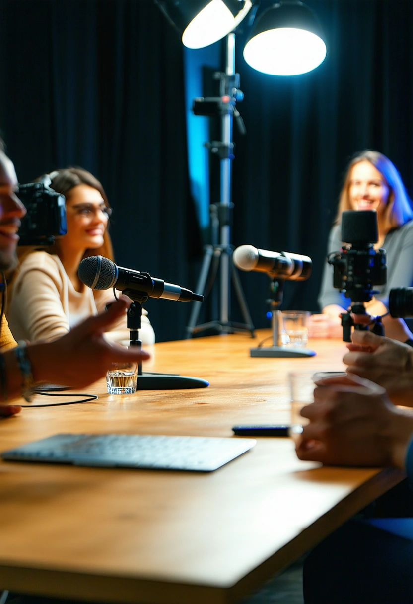 Moderatorin im Studio am Tisch mit Mikrofonen und Gästen